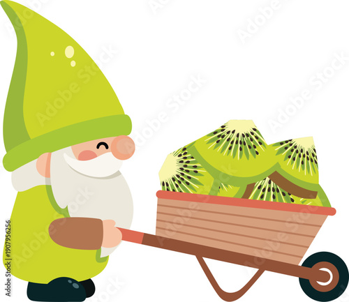 Happy Garden Gnome Pushing a Wheelbarrow Full of Fresh Kiwis