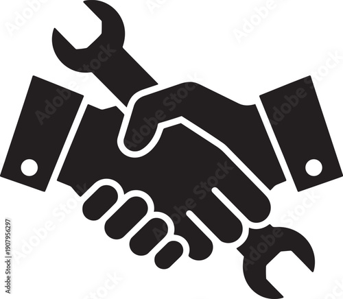 Handshake with wrench suggesting partnership in trade industry repair services cooperation.