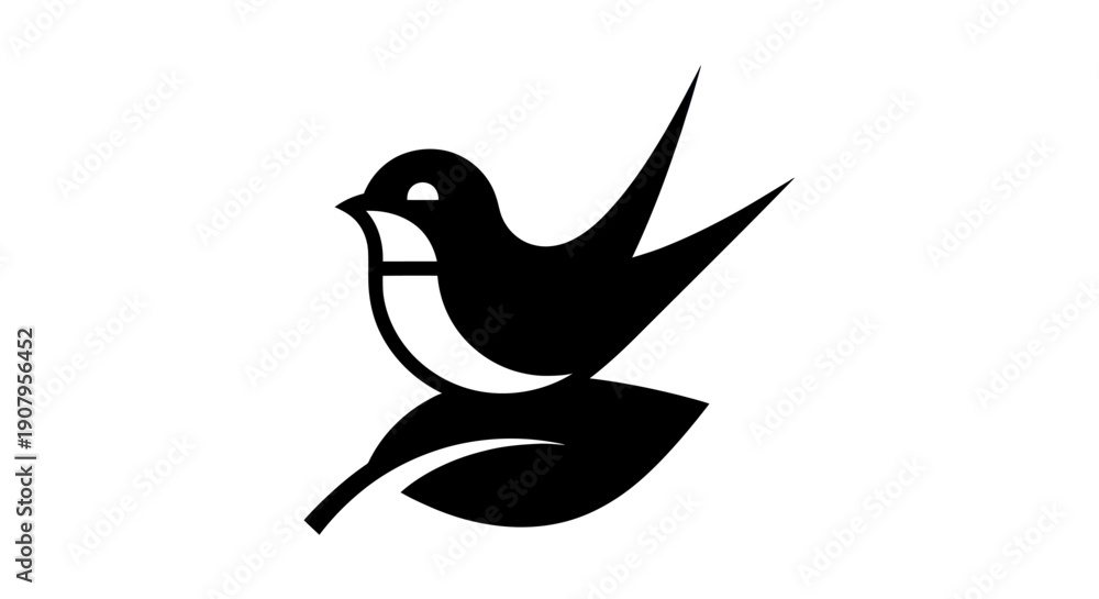 Fototapeta premium Black and white bird and leaf illustration