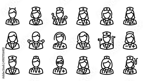 Collection of Medical Professional Icons Representing Healthcare Workers.