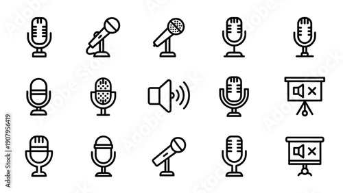 Collection of microphone and audio icons for design.