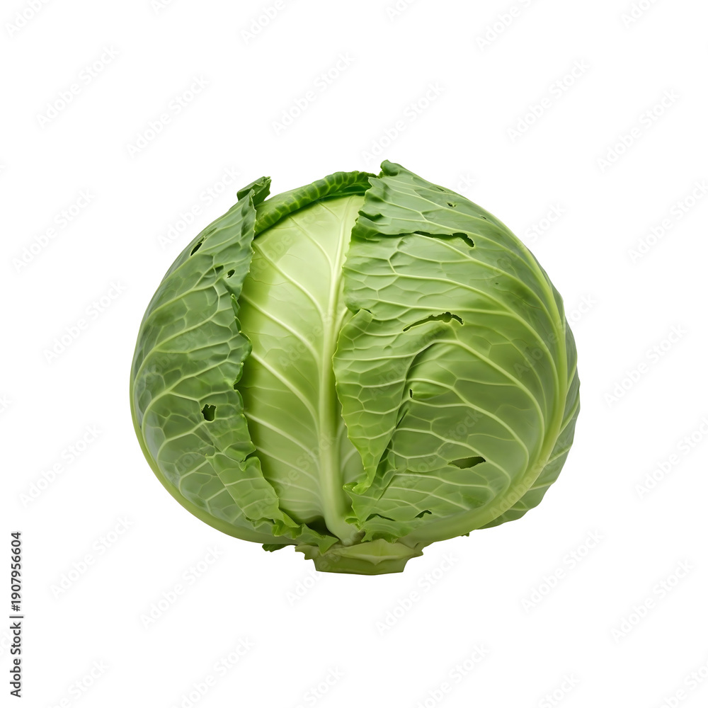 Obraz premium Fresh Green Cabbage Head Isolated on White Background, Whole Raw Organic Round Cabbage Vegetable for Healthy Cooking and Diet Nutrition Mockup PNG 