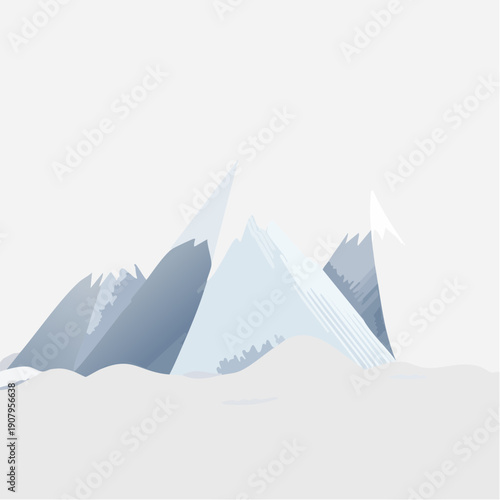 Abstract minimalist illustration of snow-capped mountains against a white background