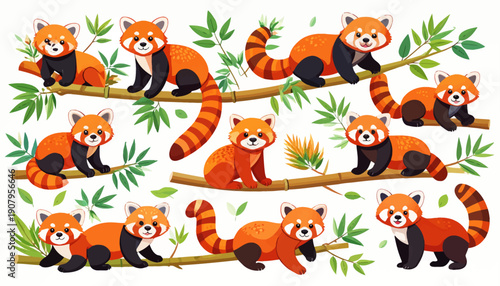 Illustration of red pandas resting on branches surrounded by lush green leaves