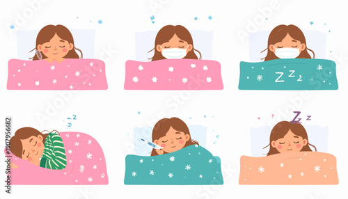 Illustration of a woman sleeping peacefully in bed with various expressions and blankets from a top-down viewpoint