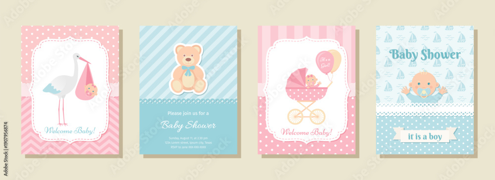 Fototapeta premium Baby Shower invite background. Baby boy and girl birth party card. Welcome template. Blue pink layouts of invitation banner. Happy holiday poster. Cute greeting flyer. Vector illustration. Flat design