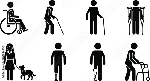 Accessibility human silhouette icon set showing wheelchair users, elderly people with cane, crutches, amputees, guide dog assistance and mobility walker symbols black vector