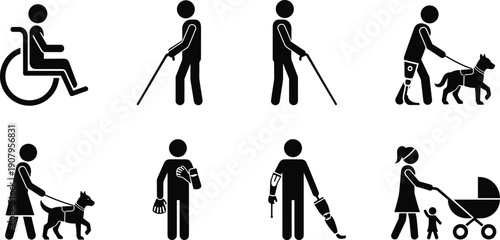 Accessibility silhouette icon set showing wheelchair users, blind people with cane, guide dog assistance, amputees and inclusive mobility symbols black flat vector