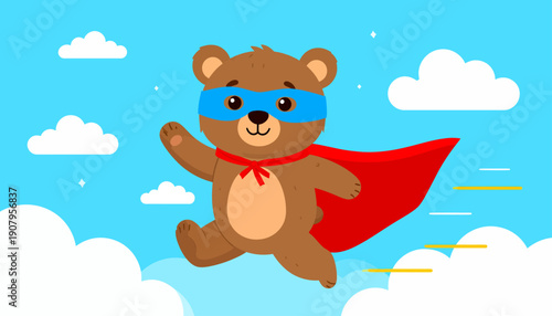 A brown bear wearing a red cape and blue mask flying through the sky among white clouds