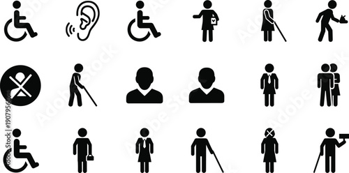 Accessibility human silhouette icon set showing wheelchair users, hearing impaired people, blind people with cane and inclusive disability symbols black flat vector