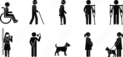 Accessibility human silhouette icon set showing wheelchair users, injured people with bandages, crutches, amputees, guide dog assistance and inclusive mobility symbols vector