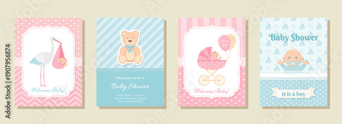 Baby Shower invite background. Baby boy and girl birth party card. Welcome template. Blue pink layouts of invitation banner. Happy holiday poster. Cute greeting flyer. Vector illustration. Flat design
