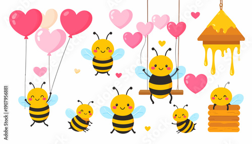 Cartoon bees swinging on heart-shaped balloons near a dripping honeycomb with hearts floating around