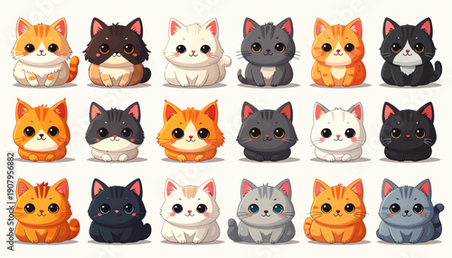 Collection of various cat illustrations displayed in a grid pattern on a plain surface, showcasing diverse feline breeds and colors