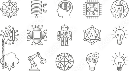 AI line icons, machine learning, neural network, robotics, big data, circuit board, cloud computing, and digital technology vector symbols.