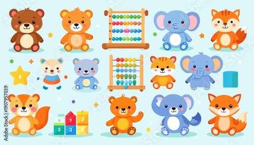 Collection of cartoon animals and toys with abacus and blocks in playful illustration
