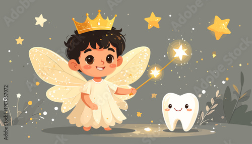 A smiling tooth fairy with a crown and wings holding a wand stands beside a tooth surrounded by stars