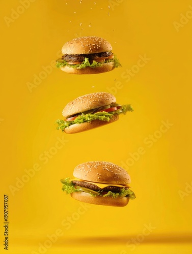Fast food background with burgers and french fries for street food and junk food design. Tasty colorful composition for restaurant menus, banners, posters and promotional projects/