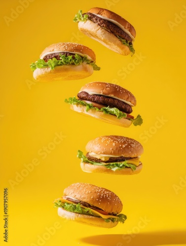 Fast food background with burgers and french fries for street food and junk food design. Tasty colorful composition for restaurant menus, banners, posters and promotional projects/