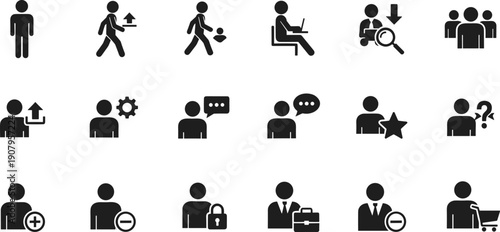 Human silhouette icon set showing user actions, business activities, management symbols and interface operations, black flat vector illustrations isolated on white background