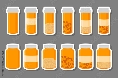 Big colored set different types of pills inside close jar