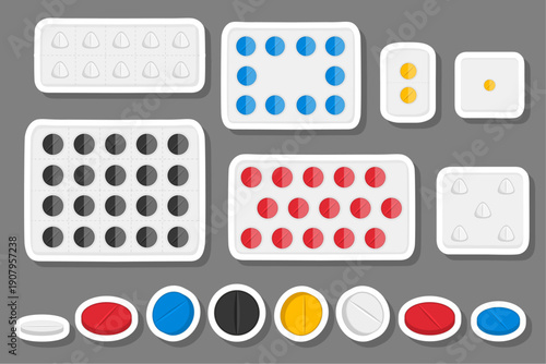Big colored set different types of pills inside close blister