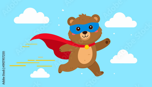 A cartoon bear in a blue mask and red cape flies through a serene blue sky with white clouds