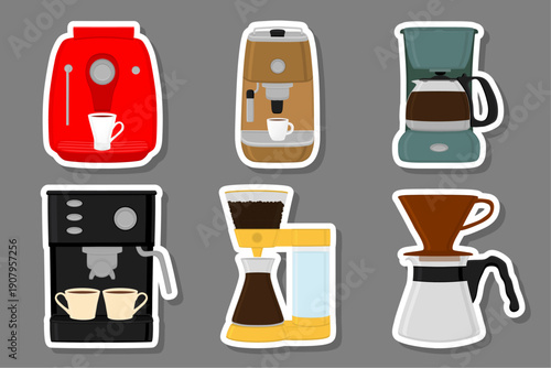 big colored set different types coffee machine
