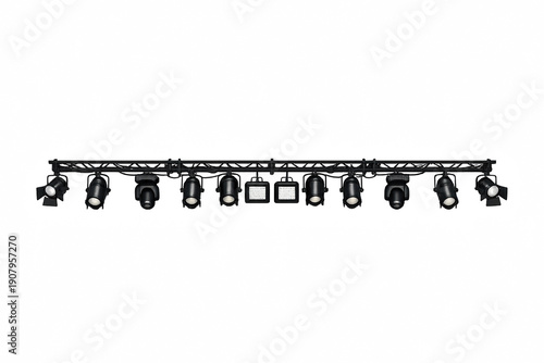 Concert lighting setup on truss with spotlights and floodlights against dark background