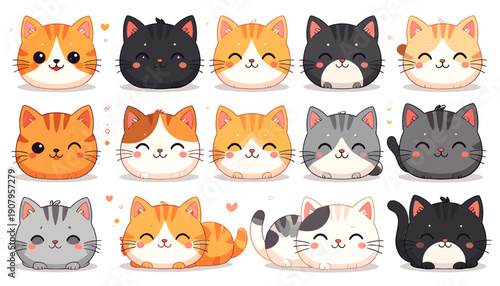 Collection of cartoon cats with various expressions and colors displayed together in a grid layout on a plain surface viewed from directly above
