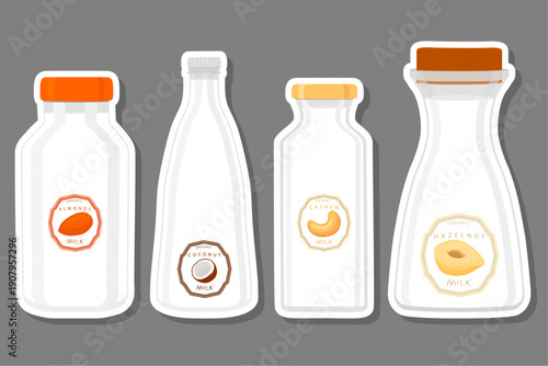 Big set different types chilled milk in bottles various size