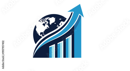 Global Business Growth Chart with Upward Arrow and World Map.
