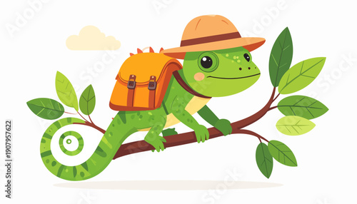 Adventurous green lizard with backpack and hat perched on a tree branch, showcasing wildlife and exploration