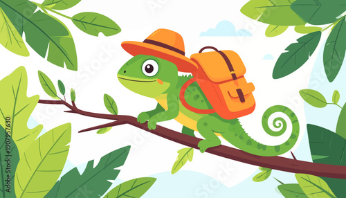 Cartoon chameleon with hat and backpack on branch surrounded by leaves in tropical environment