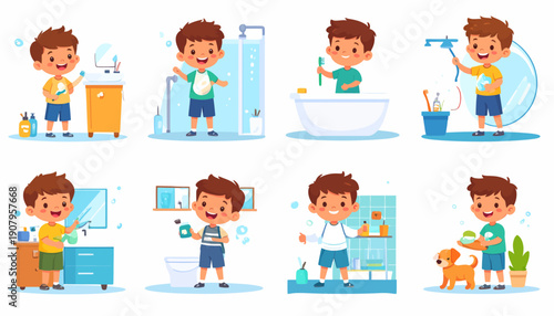 A young boy is depicted in various bathroom hygiene activities, such as brushing teeth, bathing, and washing face, showcasing daily cleanliness routines in a playful and educational illustration.