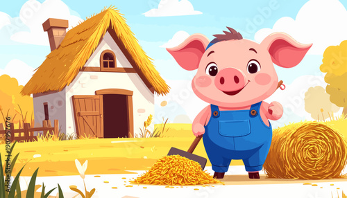 A smiling pig in overalls holding a shovel stands near a barn and hay bale on a sunny farm