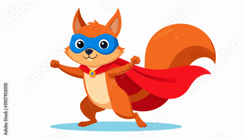 A cartoon squirrel wearing a superhero cape and mask standing heroically on a blue oval