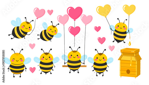 Cartoon bees swinging on heart-shaped swings near a beehive surrounded by floating hearts and bees in a whimsical illustration