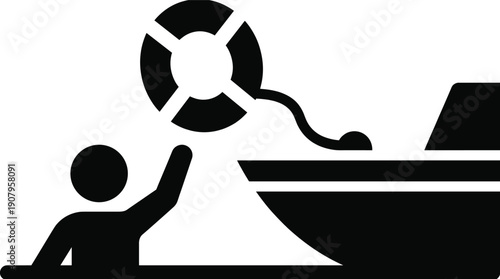 Water rescue silhouette icon showing person reaching lifebuoy from boat for emergency safety, drowning prevention and lifesaving concept, black flat vector illustration isolated on white background