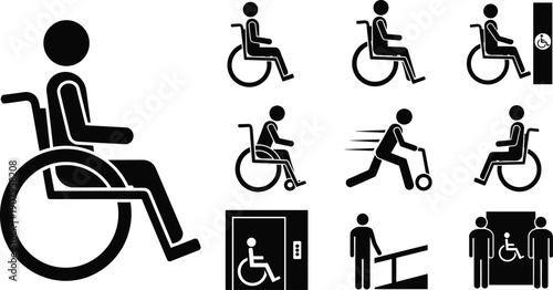 Wheelchair accessibility human silhouette icon set showing disabled people mobility, active wheelchair movement, ramps, elevators and inclusive public symbols black vector illustrations