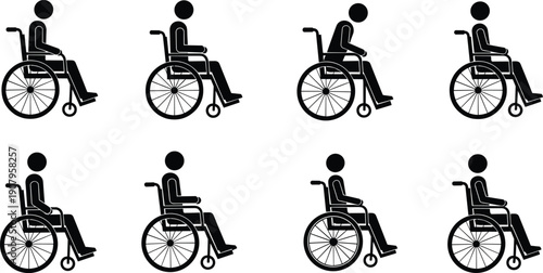 Wheelchair user human silhouette icon set showing disabled people seated in wheelchair from multiple side views, black flat vector illustrations isolated on white background