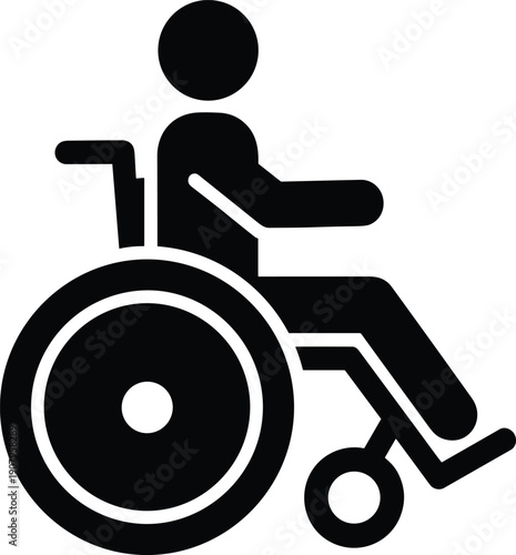 Wheelchair user human silhouette icon showing disabled person seated in wheelchair for accessibility and mobility support, black flat vector illustration isolated on white background