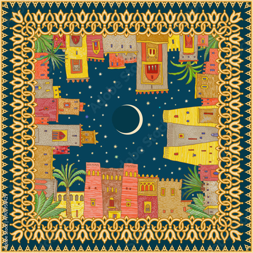 Vector scarf pattern of fairy tale oriental town and golden frame on a night blue sky background with moon and stars