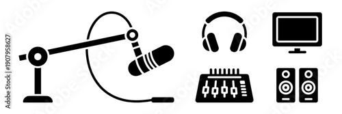 Audio studio gear line icons – Suitable for website interfaces, podcasting tutorials, or equipment rental catalogues.
