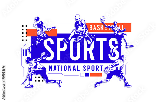 Basketball athletes in action featuring dunking, dribbling, and shooting. Dynamic National Sport poster for championship tournaments, basketball camp promotion, and athletic team motivation. Sport Day