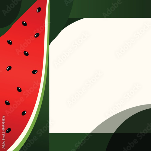 Watermelon slice paper cut background, stylized green wavy rind with red pulp and seeds, modern summer vector design