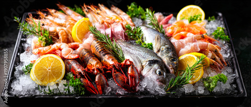 Panel kuchenny z motywem A tray displays fresh seafood including shrimp and fish on ice. Lemon slices and herbs add to the arrangement, perfect for culinary presentations