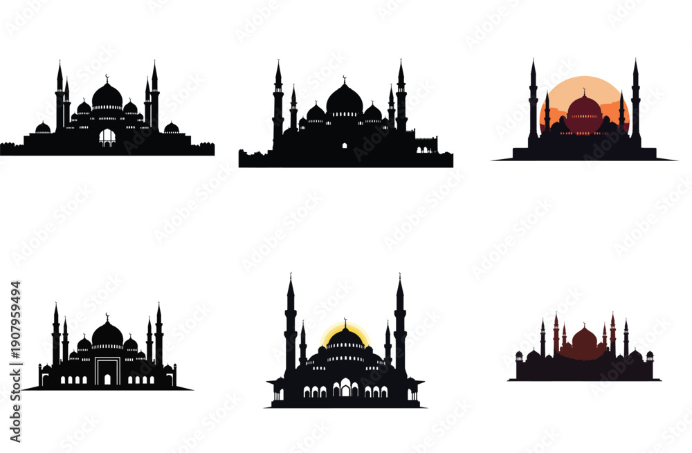 Naklejka premium Mosque Silhouette Collection Vector Illustration
