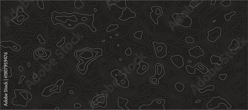 Abstract black and white Topographic Contour line Pattern On Dark Background For Maps, Design, Visual Art And Inspiration.