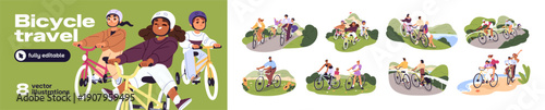 People are cycling set. Family travels in nature by bike. Kids ride bicycles in recreational park. Cyclists race and do sports outdoors. Flat isolated vector illustrations on white background